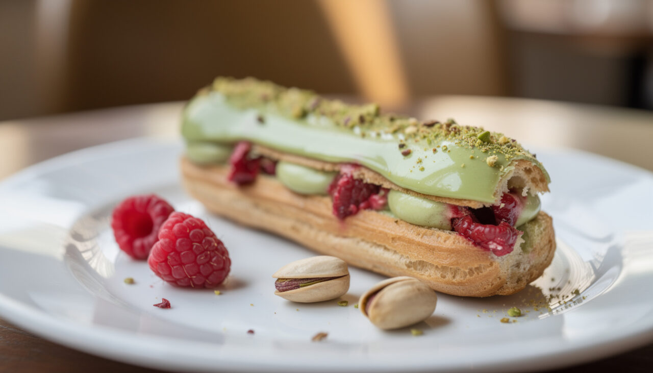 découvrez notre recette d'éclair à la pistache et aux framboises, une pâtisserie gourmande qui revisite le dessert classique avec des saveurs délicates et fruitées.