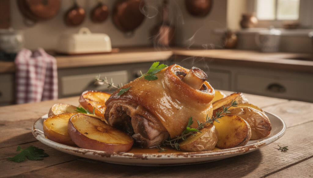 découvrez la recette traditionnelle du jarret de porc au cidre, un plat normand savoureux qui embaume votre maison toute la journée avec ses délicieuses saveurs.