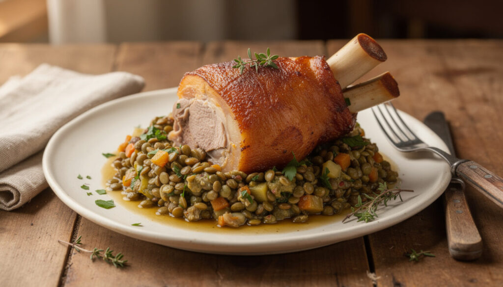 découvrez notre recette réconfortante de jarret de porc aux lentilles, un plat paysan traditionnel revisité pour sublimer vos repas du dimanche en famille.