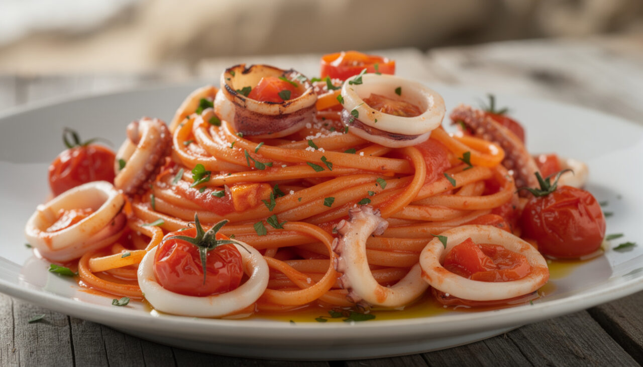 découvrez notre recette de linguine à la tomate et aux calamars, nappée d'une sauce aux tomates cerises fraîche avec une délicate note iodée, pour un voyage gourmand en bord de mer.