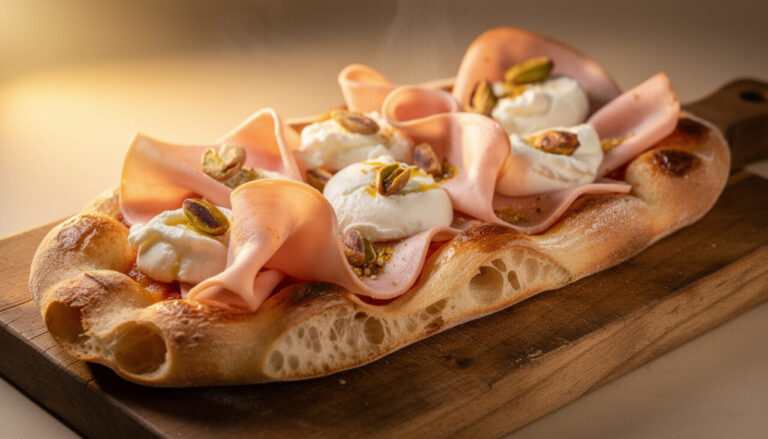 découvrez une pinsa maison ultra gourmande à la mortadelle, burrata et pistaches, pour un voyage savoureux qui réchauffe votre four et émerveille vos papilles.
