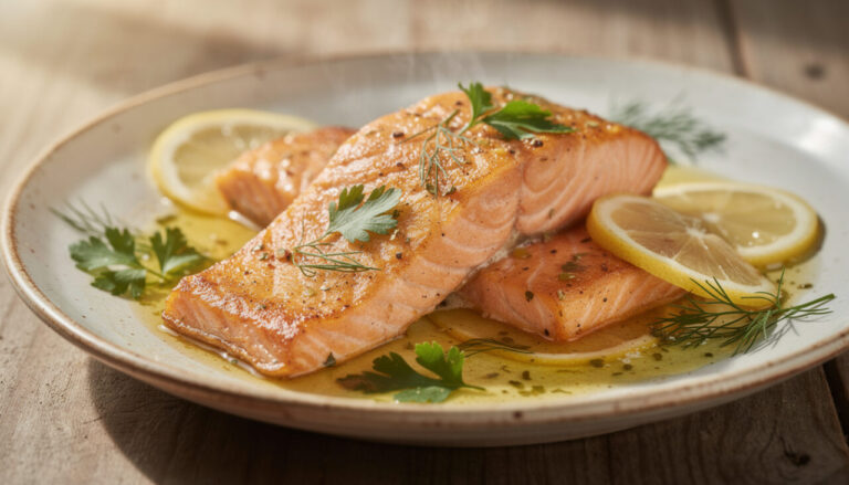 savourez des pavés de saumon cuits au four, délicatement nappés d'un jus citronné qui parfume tout le plat pour un repas frais et gourmand.