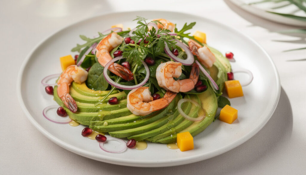 découvrez notre salade exotique aux crevettes et avocats, un mélange frais et tropical parfait pour un repas simple et chic.