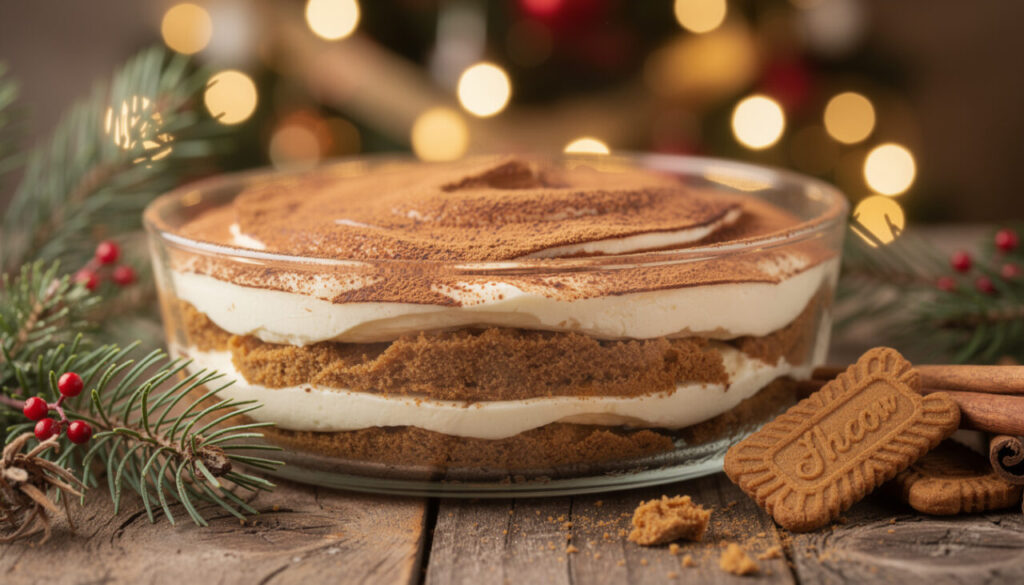 découvrez notre recette de tiramisu aux spéculoos, un dessert gourmand et festif qui évoque l'ambiance chaleureuse des fêtes de fin d'année.