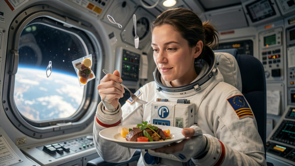 Une astronaute française déguste un repas gastronomique en apesanteur dans la Station spatiale internationale, avec une poche alimentaire flottant près d’elle et une lumière douce.
