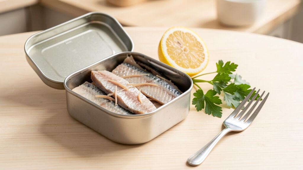 Boîte de sardines ouverte sur une table de cuisine lumineuse, accompagnée de citron coupé, de persil frais et d’une fourchette.