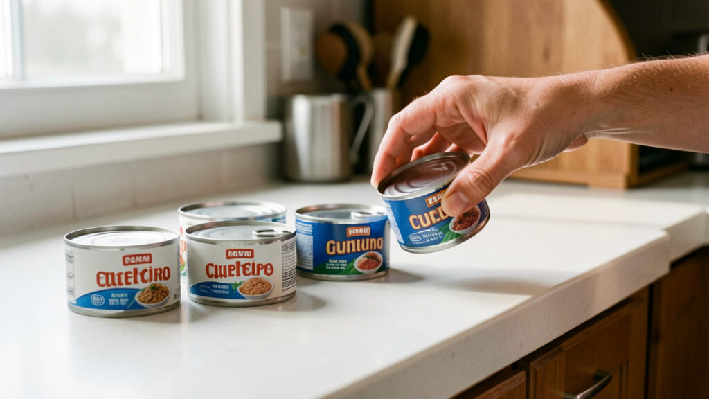 Boîtes de thon en conserve alignées sur un plan de cuisine, tandis qu’une main examine attentivement une boîte sans marquage lisible.