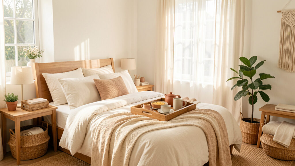 Chambre d’hôte lumineuse avec un plateau de petit-déjeuner, du linge naturel et une décoration chaleureuse.