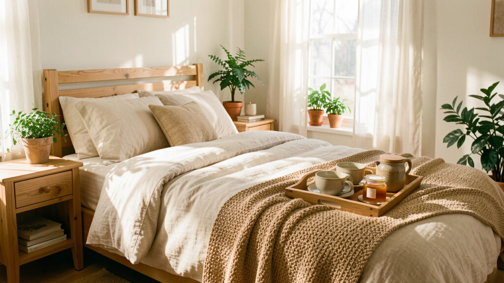 Chambre d’hôtes lumineuse et chaleureuse, décorée avec des matériaux naturels, avec un plateau de bienvenue contenant une tisane.