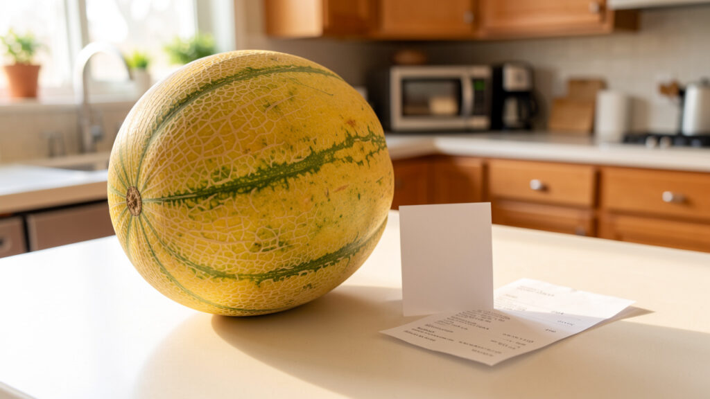 Melon entier posé sur un plan de travail lumineux dans une cuisine familiale, accompagné d’une étiquette vierge et d’un ticket de caisse sans inscription.