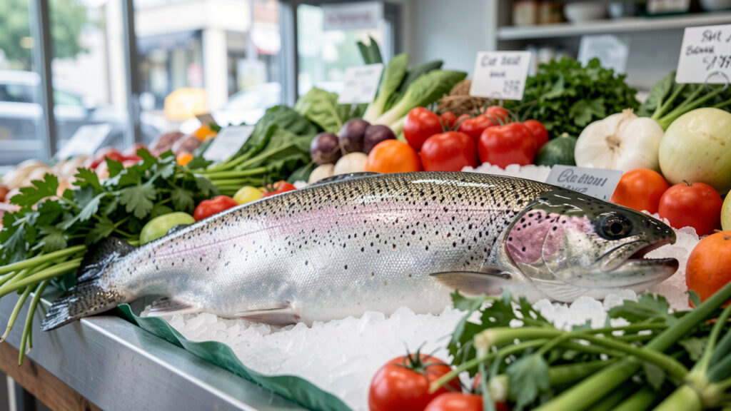 Truite arc-en-ciel entière très fraîche présentée sur un étal de poissonnerie avec des légumes de saison, photographiée sous une lumière naturelle.